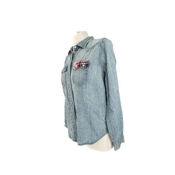 Levi’s || Western Pearl Snaps Plaid Bow Denim Long Sleeve Shirt XS - Picture 3 of 7
